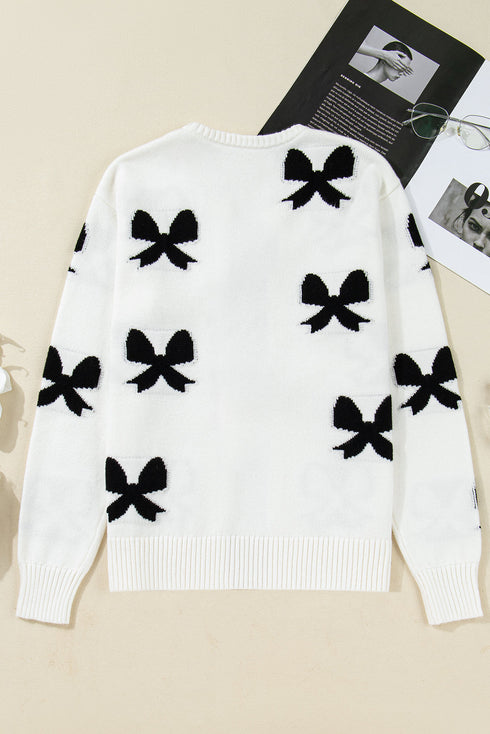 Ribbon Tie Front Bow Jacquard Knit Cardigan